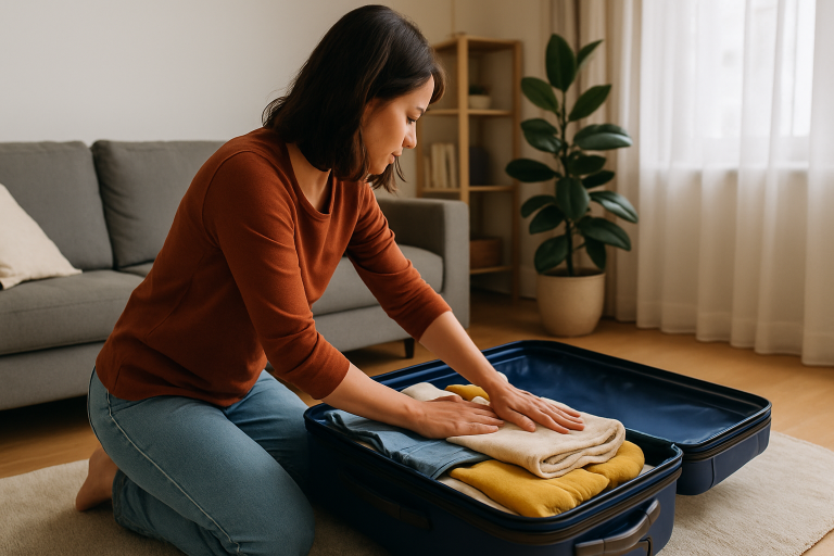 Pessoa fechando malas em casa, pronta para viajar