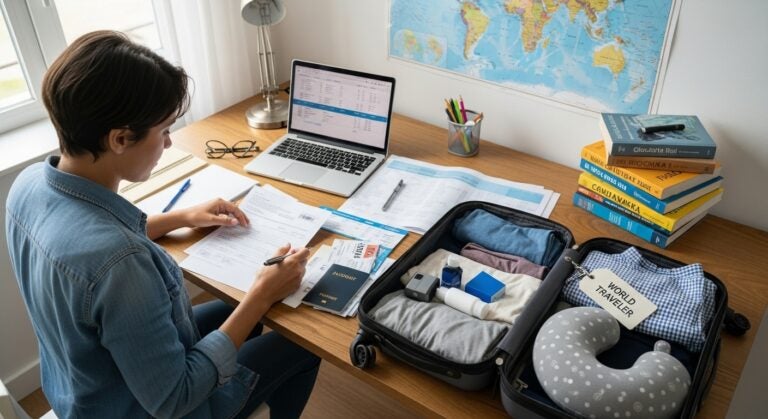Pessoa preparando viagem internacional com documentos e bagagem organizada